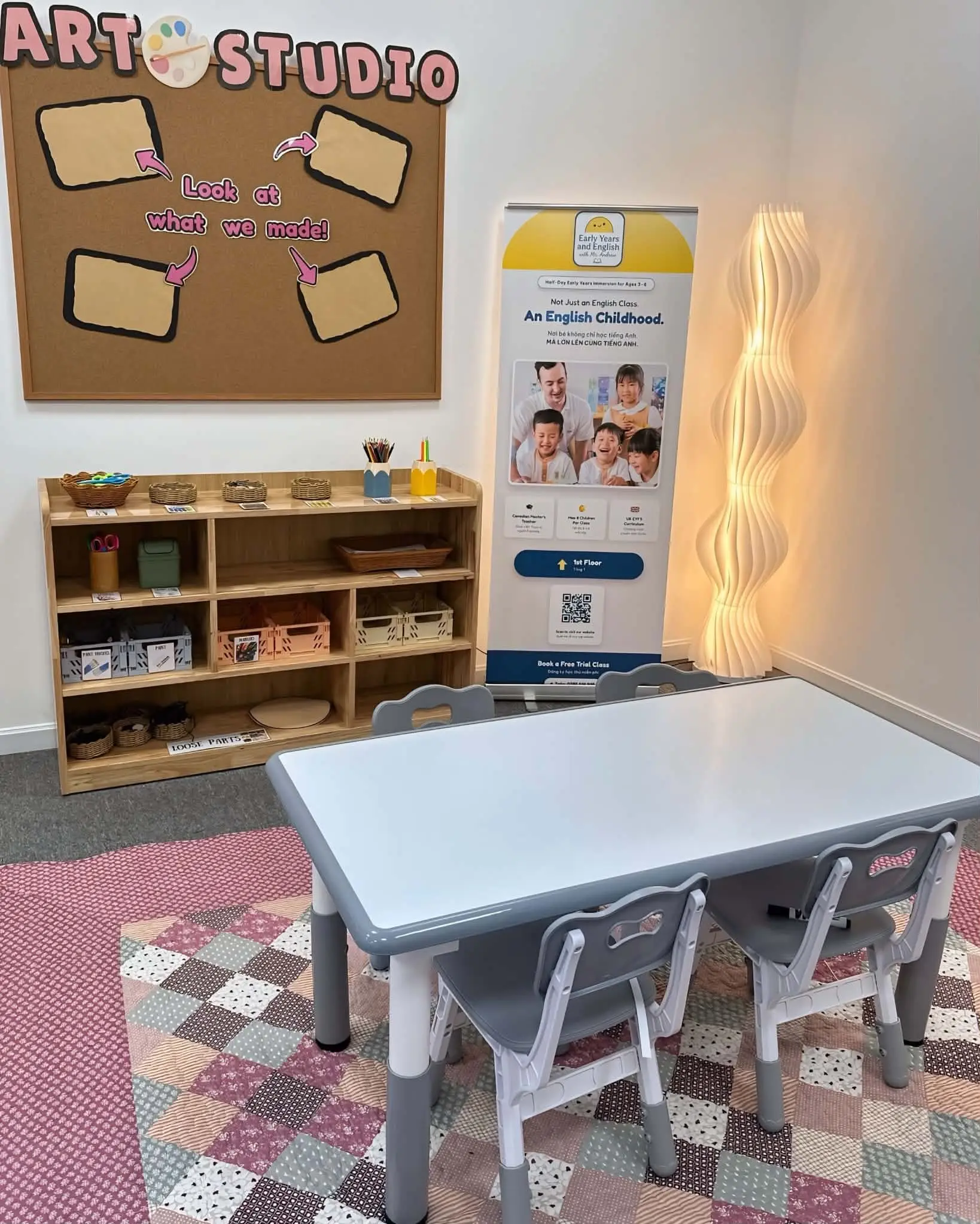 Art studio with loose parts and creative shelving