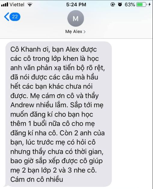 Zalo message from Alex's mom about her daughter's progress